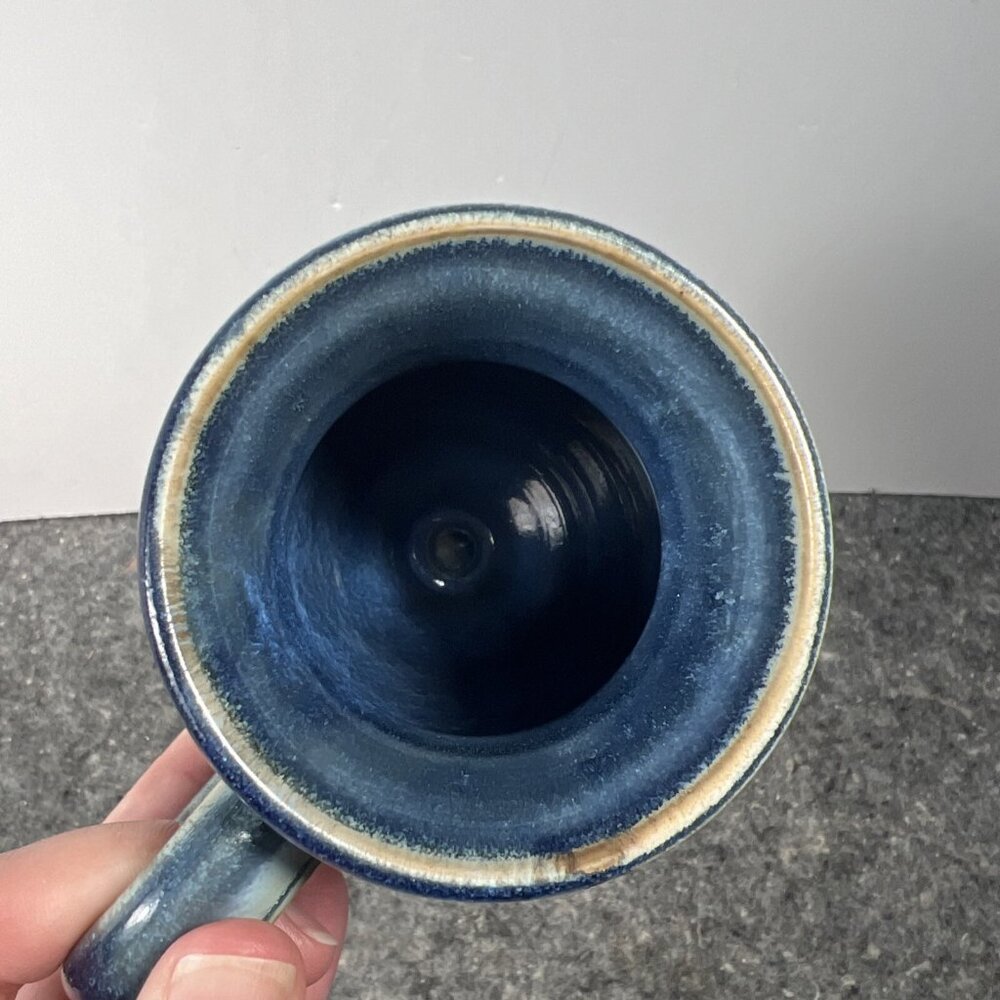 Studio Pottery Belly Coffee Mug Blue Drip Glaze Brown Carved Signed By KERRY IC - Picture 8 of 12